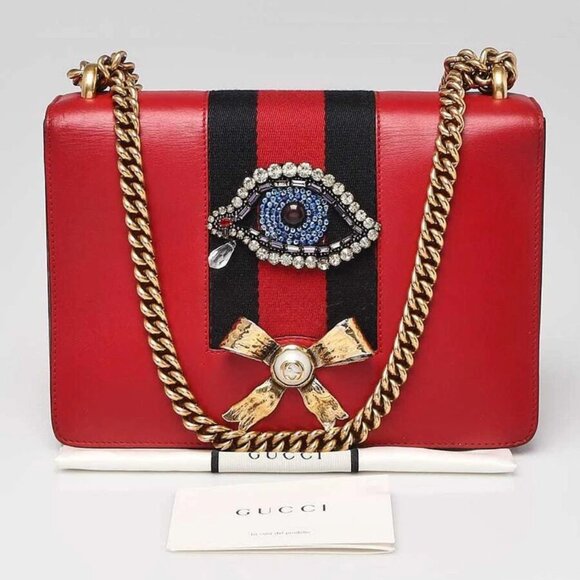 Gucci Red Leather Peony Medium Eye Chain Shoulder Bag - Picture 1 of 11